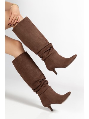 Ellolita Luxury Shoes SR-2001 Kahverengi Süet Topuklu Günlük Bayan Çizme