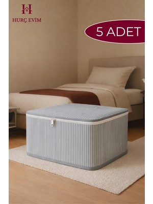 5'li Antrasit Çizgili Yorgan Hurcu, 100X50X50 Cm, Dayanıklı Organizer