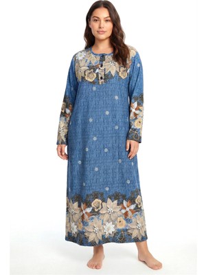 Modaserdem Akbeniz Büyük Beden Çiçek Desenli Uzun Kollu Anne Geceliği Mavi