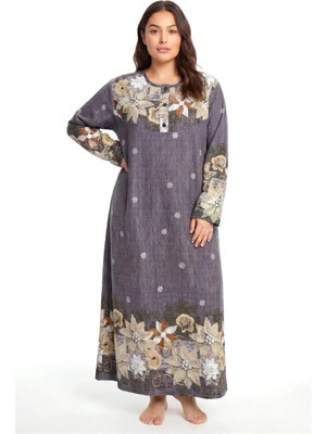 Modaserdem Akbeniz Büyük Beden Çiçek Desenli Uzun Kollu Anne Geceliği Kahve Rengi