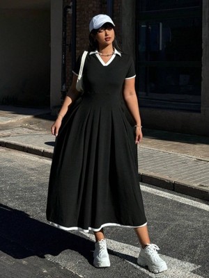 Nova Epoxy Art Kadın Kısa Kollu V Yakalı Pileli Uzun Janjan Krep Elbise