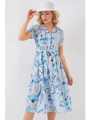 Kendim Fashion Desenli Kısa Kol Elbise 2558 - Mavi
