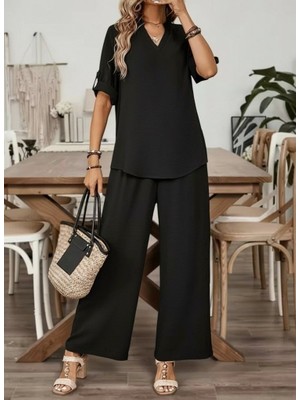 Buğrahayalin Kadın Kısa Kollu V Yakalı Aerobin Bluz ve Pantolon Ikili Takım