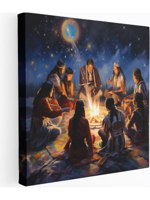 Popcas Kızılderili Duvar Sanatı - Kamp Ateşi Etrafında Amerika Yerlisi Kadınlar Kanvas Tablo - Kızılderili Kamp Ateşi Amerika Yerlisi Kadınlar Duvar Sanatı