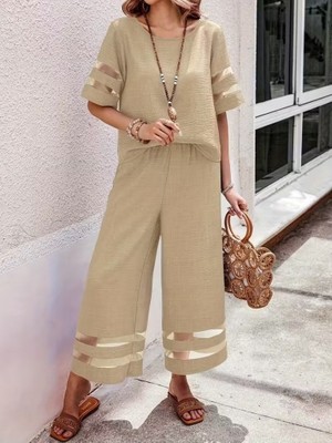 Tua Moda Kadın Kısa Kollu Bisiklet Yakalı Tül Şerit Detaylı Bluz ve Pantolon Ikili Takım