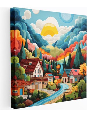 Popcas Eğlenceli Köy Manzaralı Kanvas Tablo - Köy Duvar Sanatı Kanvas Tablo