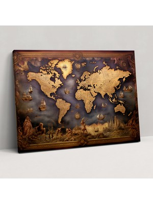 Popcas Eski Dünya Haritası Duvar Sanatı - Dünya Haritası Kanvas Tablo Detaylı Işçilik