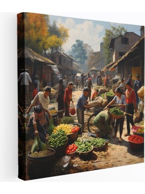 Popcas Canlı Köy Manzara Kanvas Tablo - Köy Duvar Sanatı Ev Dekorasyonu