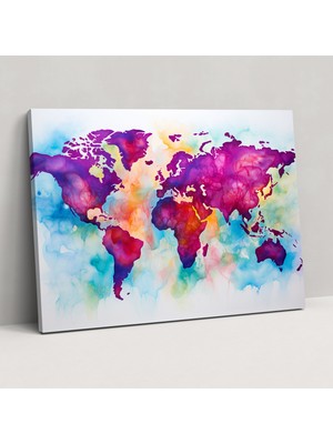 Popcas Dünya Haritası Duvar Sanatı - Canlı Renklerle Su Boyası Tablosu