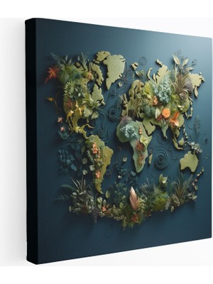 Popcas Tuval Duvar Dekorasyonu - Çiçekli Dünya Haritası - Duvar Sanatı Dünya Haritası Tuval Tablo
