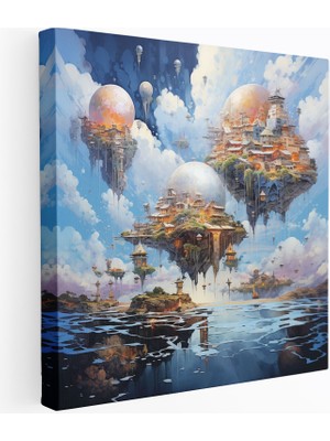 Popcas Yüzen Köy Manzara Kanvas Tablo - Köy Kanvas Ev Dekorasyon Duvar Dekorasyonu