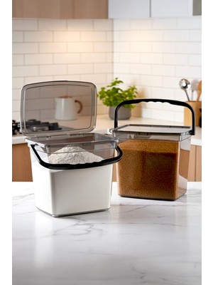 2'li Kare Un ve Bakliyat Saklama Kabı, 6 Litre, Kulplu Deterjanlık Set