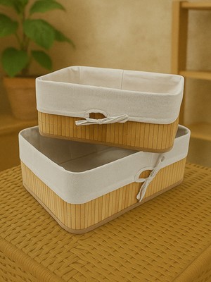Iç Astarlı Mdf Tabanlı Katlanabilir 2'li Doğal Bambu Sepet Organizer