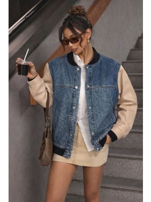 Gökyüzü Moda Kadın Kolları Deri Detay Bomber Kot Ceket