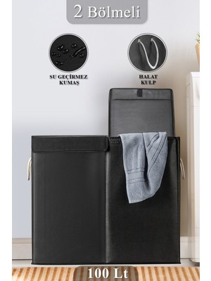 Katlanabilir 2 Bölmeli Mega Boy Çamaşır Sepeti, 50 Lt+50 Lt, Kulplu