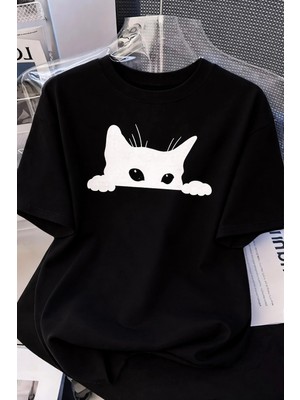 Alfanora Kadınlar Için Siyah Kedi Grafik Tişört - Oversize Kısa Kollu Üst Nefes Alabilir - Siyah