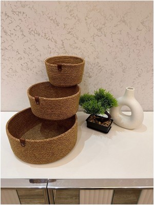 El Dokuma Hasır Yuvarlak Sepet, Mutfak ve Banyo Organizer, Çap 15-25 cm