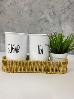 Rattan Sepetli 2'li Akrilik Çay ve Şeker Saklama Kabı Seti, Çiçekli Hediye