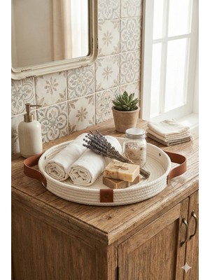 35CM Ekru Hasır Sepet Tepsi – Dekoratif ve Çok Amaçlı Organizer