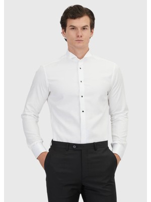 Ramsey Beyaz Slim Fit Düz Manşet Smokin Gömlek