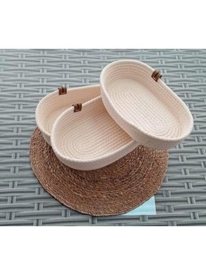 3 Adet Oval Hasır Sepet, 18X28CM, Krem, Banyo Dekoratif Düzenleyici