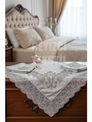 Şık Saten Nişan Bohçası, Gri Kadife Dar Güpürlü Çeyizlik Set
