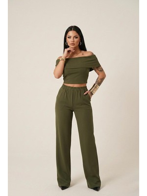 Zeravie Butik Premium Seri Kayık Yaka Kruvaze Crop & Geniş Paça Pantolon Ikili Set - Haki Yeşil