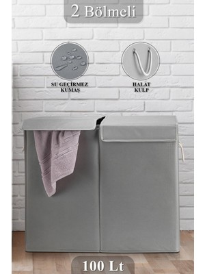 Iki Bölmeli Katlanabilir Çamaşır Sepeti, 50 Lt + 50 Lt, Kulplu, Pratik Kullanışlı