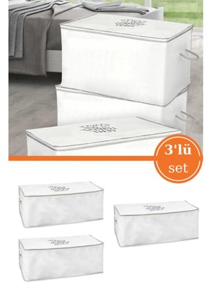 3'lü Baza Hurcu ve Yorgan Yastık Saklama Seti, Çok Amaçlı Sandık Tipi 65X45X24 cm