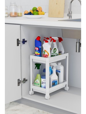 2 Katlı Tekerlekli Beyaz Banyo ve Mutfak Rafı MIT1119