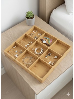 9 Bölmeli Bambu Takı Organizeri, Şık ve Fonksiyonel Saklama Çözümü