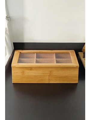 6 Bölmeli Kapaklı Bambu Çay Kutusu, Şık ve Fonksiyonel Organizer