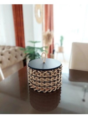 Şık Hasır Mini Siyah Kapaklı Dekoratif Sepet, Düzenleyici ve Çekici