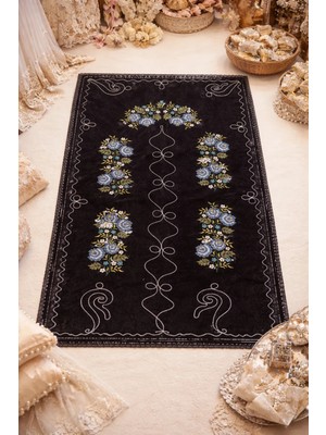 Dilex DİLEX Çeyizlik Makine İşi Etamin Seccade Siyah – Mavi Nakışlı 120x73 cm Namaz Seccadesi