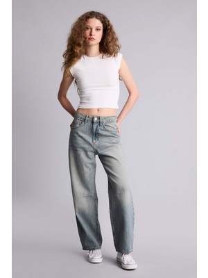 DeFacto Barrel Fit Yüksek Bel Bilek Boy Jean Yıkamalı Pantolon F7691AX26SP