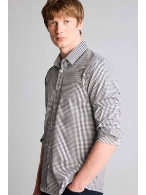 DeFacto Slim Fit Gömlek Yaka Baskılı Poplin Uzun Kollu Gömlek H3051AX26SP