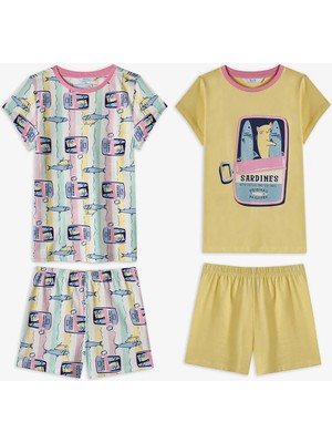 Penti Pastel Sarı Kız Çocuk Sardines Cat Pamuklu 2'li Pijama Takımı