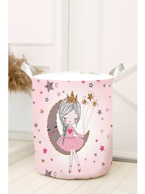 Pembe Ayda Oturan Kız Desenli Keçe Oyuncak ve Çamaşır Sepeti 30X45 cm