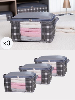 3’lü Gri Kare Ekose Baza Altı Dolap Içi Bavul Düzenleyici, 40X30X20 cm
