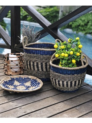 El Yapımı Lacivert Hasır Çok Amaçlı Düzenleyici Sepet Medium