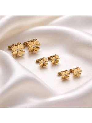 Begonia Accessories Vip Çelik 24 Ayar Altın Kaplama 5-7-9mm Yonca Zirkon Taşlı 3 Çift Çivi Küpe Seti
