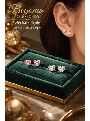 Begonia Accessories Ithal Çelik Paslanmaz Kararmaz Tragus Uyumlu 5 mm Pembe Şeffaf Kalp Zirkon Taşlı 2 Çift Unisex Küpe