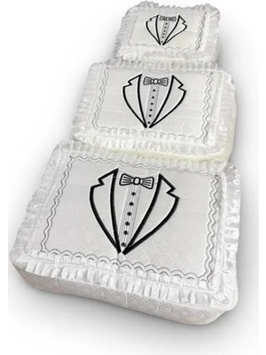 3'lü Saten Bohça Seti, Damat Fiyonk Figürlü Çeyizlik Nişan Seti