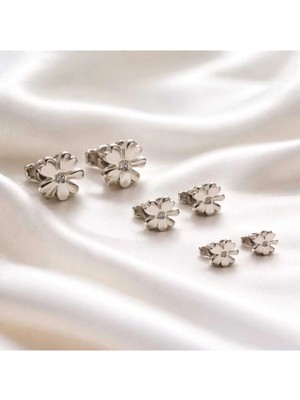 Begonia Accessories Vip Küpe Seti 5-7-9mm Yonca Zirkon Taşlı 3 Çift Çivi Küpe - Paslanmaz Kararmaz