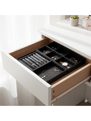 Siyah Süet Takı Organizer Seti, Yüzük, Küpe ve Kolye Düzenleyici