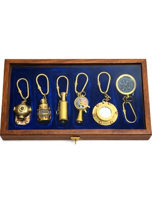 ForWhat Büro Ev Ofis Hediyesi Için Ahşap Kutulu Denizci Tip Pirinç Anahtarlık Seti