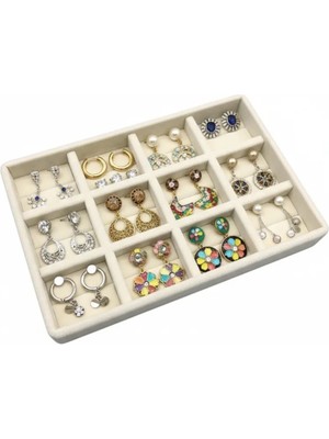 Küçük Boy Süet Kumaş Takı Sergileme Çekmecesi, Krem Renk, 12 Bölmeli