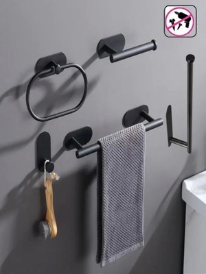 Şık Mat Siyah 5'li Kendinden Yapışkanlı Banyo Seti