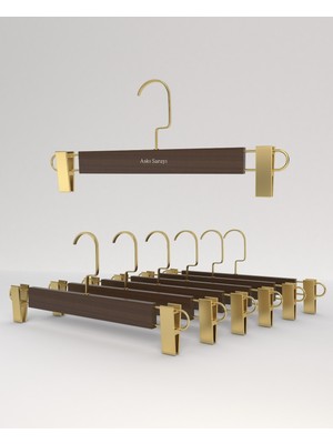Gold Kanca ve Ahşap Pantolon Etek Askısı Seti, 12 Adet, Premium Kalite
