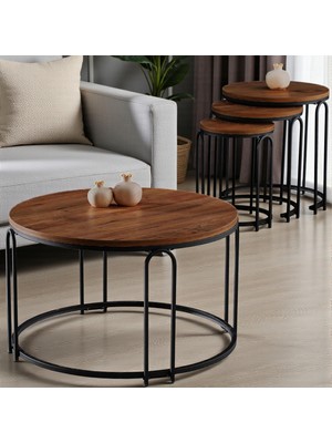 Lenka Koyu Ceviz Ahşap Zigon Orta Sehpa Takımı Yuvarlak Siyah Metal 3+1 - Lenka-Zigonorta-Siyah